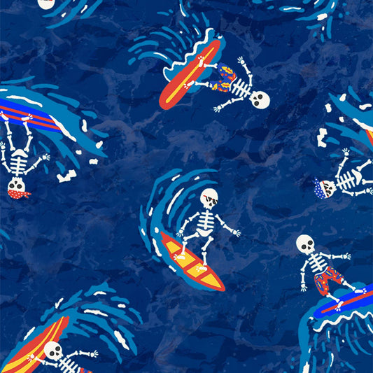 Day of the Dead Surfing Skeletons Blue C1226-BLUE Cotton Woven Fabric