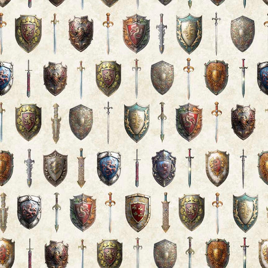 PREORDER ITEM - EXPECTED APRIL 2024: Wizards and Warrior by Morris Creative Group Swords and Shields Cream    30241E Cotton Woven Fabric