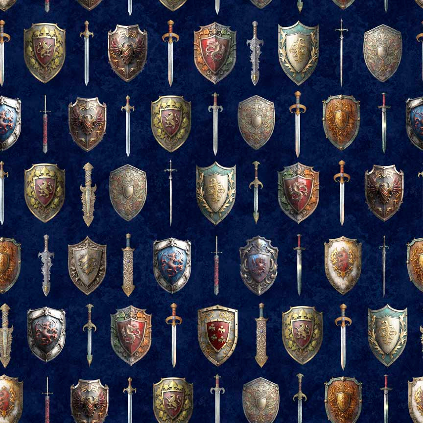 PREORDER ITEM - EXPECTED APRIL 2024: Wizards and Warrior by Morris Creative Group Swords and Shields Navy    30241N Cotton Woven Fabric