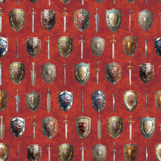 Wizards and Warriors by Morris Creative Group Swords and Shields Rust 30241T Cotton Woven Fabric