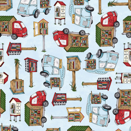 Readerville by Kris Lammers Collection Tiny Libraries Blue 10233M-B Cotton Woven Fabric