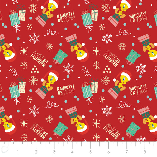 Licensed Character Winter Holiday IV Tweety Gift Toss Red    23600220-01 Cotton Woven Fabric
