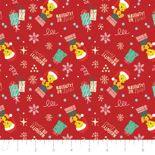 Licensed Character Winter Holiday IV Tweety Gift Toss Red 23600220-01 Cotton Woven Fabric