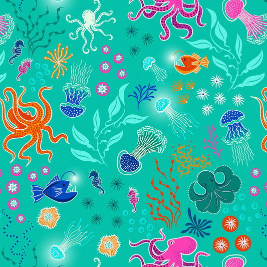 Ocean Glow (Glow in the Dark) Under the Sea Sea Green A779.2 Cotton Woven Fabric