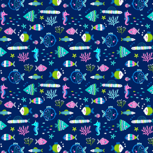 Mystical Mermaids Under Water Friends Pearlized Navy 12519PB-56 Cotton Woven Fabric