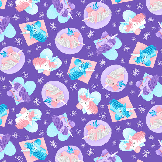 Sparkle Like a Unicorn by Danielle Hartgers Unicorn Faces Med. Purple 1859-52 Cotton Woven Fabric