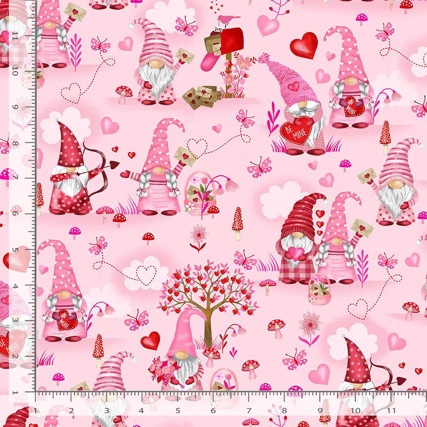 Gnome One LIke You by Gail Cadden Valentine Gnomes Pink    GAIL-CD2378-PINK Cotton Woven Fabric