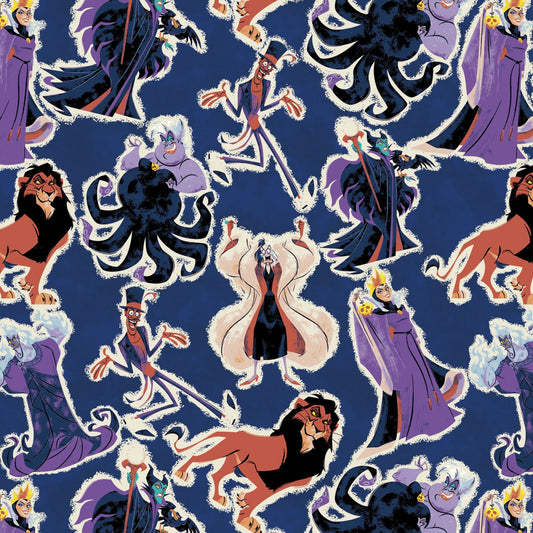 Licensed Disney Villains Mayhem Villain Cut-Out Collage Blue 85130810-1 Cotton Woven Fabric