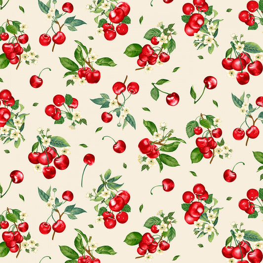 Cherry Pie Vintage Cherries And Flowers Cream CD1540-CREAM Cotton Woven Fabric
