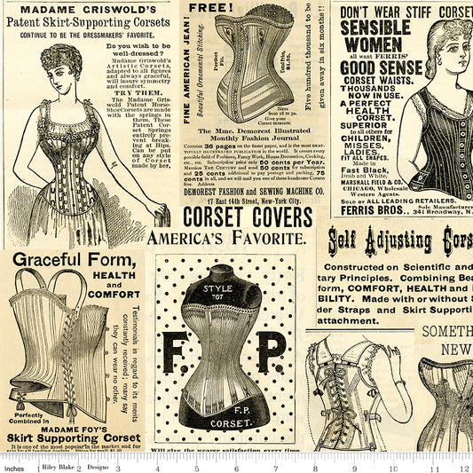 Sew Journal by J. Wecker Frisch Vintage Corset Ads Parchment    C13889-PARCHMENT Cotton Woven Fabric