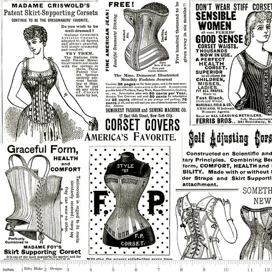 Sew Journal by J. Wecker Frisch Vintage Corset Ads White    C13889-WHITE Cotton Woven Fabric