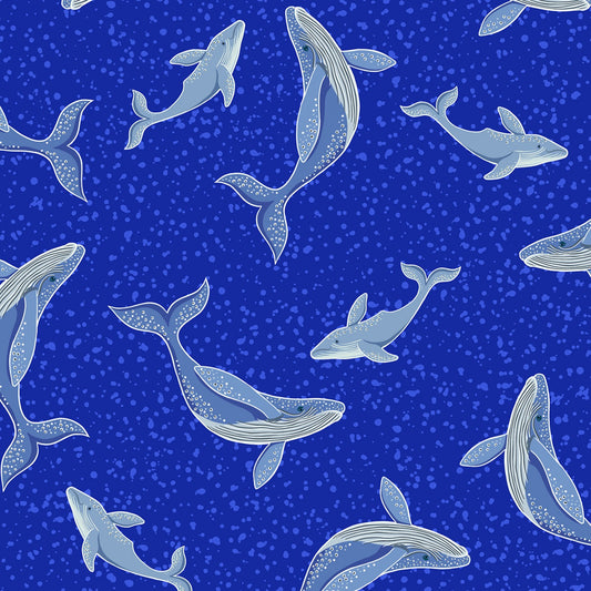 Ocean Glow (Glow in the Dark) Whales on Bright Blue    A781.2 Cotton Woven Fabric