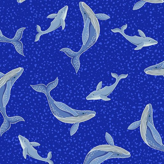 Ocean Glow (Glow in the Dark) Whales on Bright Blue A781.2 Cotton Woven Fabric