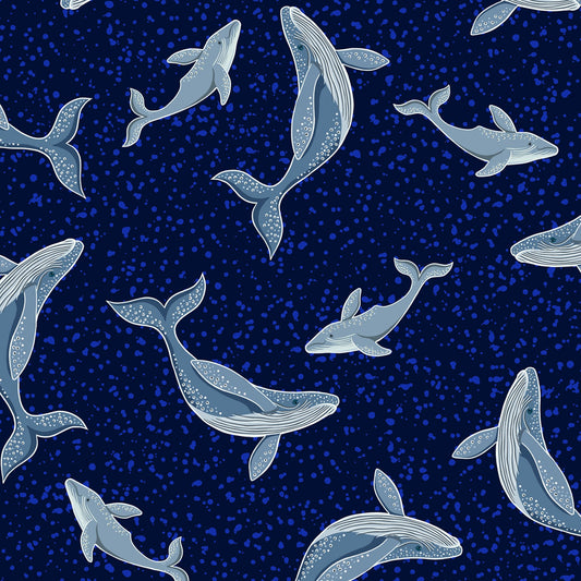 Ocean Glow (Glow in the Dark) Whales on Dark Blue    A781.3 Cotton Woven Fabric