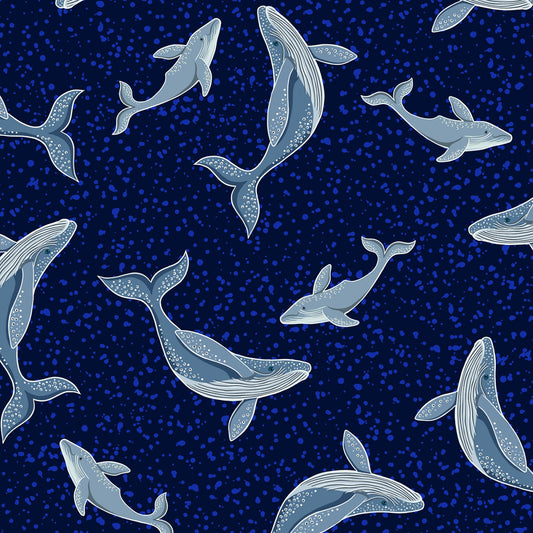 Ocean Glow (Glow in the Dark) Whales on Dark Blue A781.3 Cotton Woven Fabric