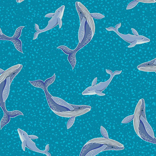 Ocean Glow (Glow in the Dark) Whales Sea Blue    A781.1 Cotton Woven Fabric