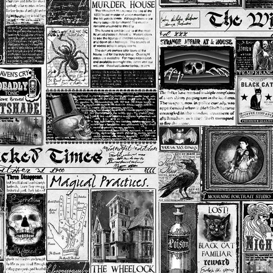 Wicked Time Newspaper White    CD1825-WHITE Cotton Woven Fabric