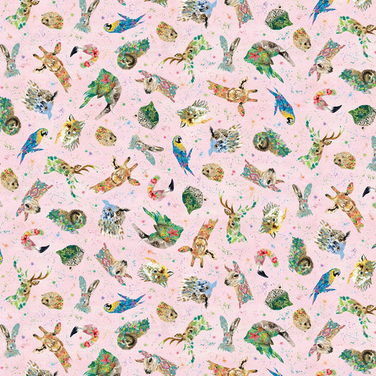 Brush with Nature by Louise Nisbet Wildlife Portraits Pink Tossed DDC10483-PINK Cotton Woven Fabric