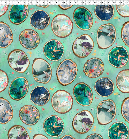 Moments Digital by Kendra Binney Wood Rounds Turquoise Y3741-101 Cotton Woven Fabric