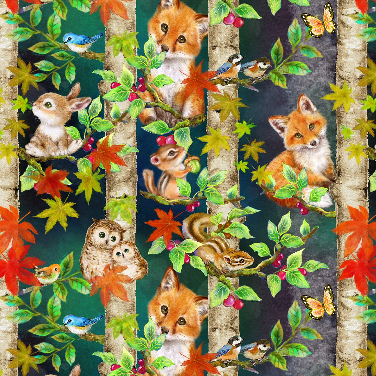 Auburn Fox by Kayomi Harai Woodland Animal Navy    6225-78 Cotton Woven Fabric