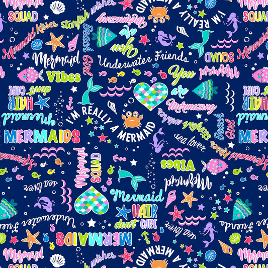 Mystical Mermaids Words Pearlized Navy 12517PB-56 Cotton Woven Fabric